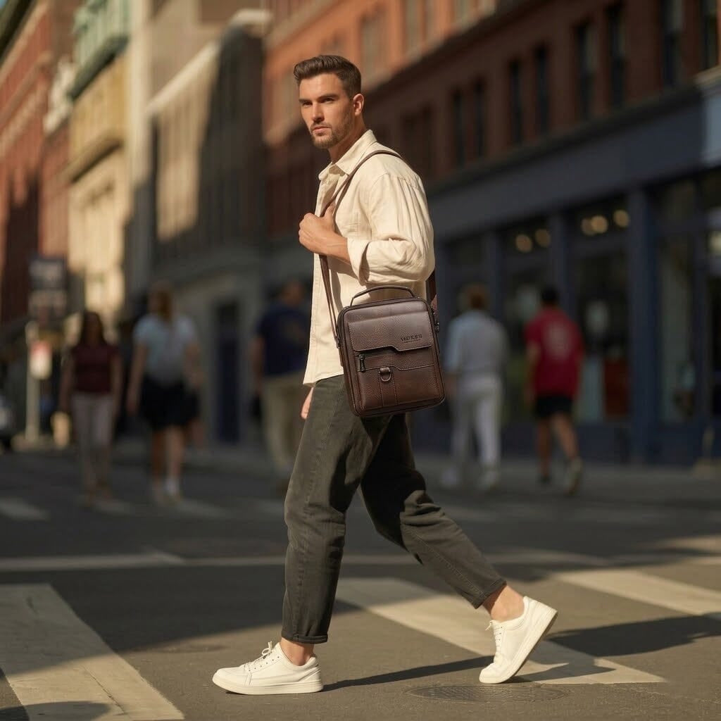 WEIXIER Men's PU Leather Crossbody/Shoulder Bag — Vintage street style, high-capacity bag for commuting and travel, featuring an adjustable strap; suitable for carrying work essentials and makes an ideal gift for men or fathers.