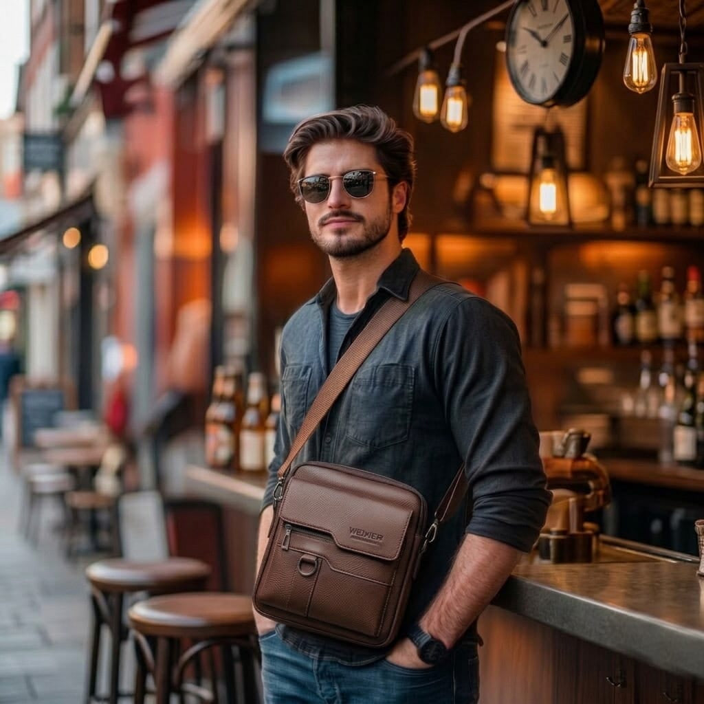 WEIXIER Men's PU Leather Crossbody/Shoulder Bag — Vintage street style, high-capacity bag for commuting and travel, featuring an adjustable strap; suitable for carrying work essentials and makes an ideal gift for men or fathers.