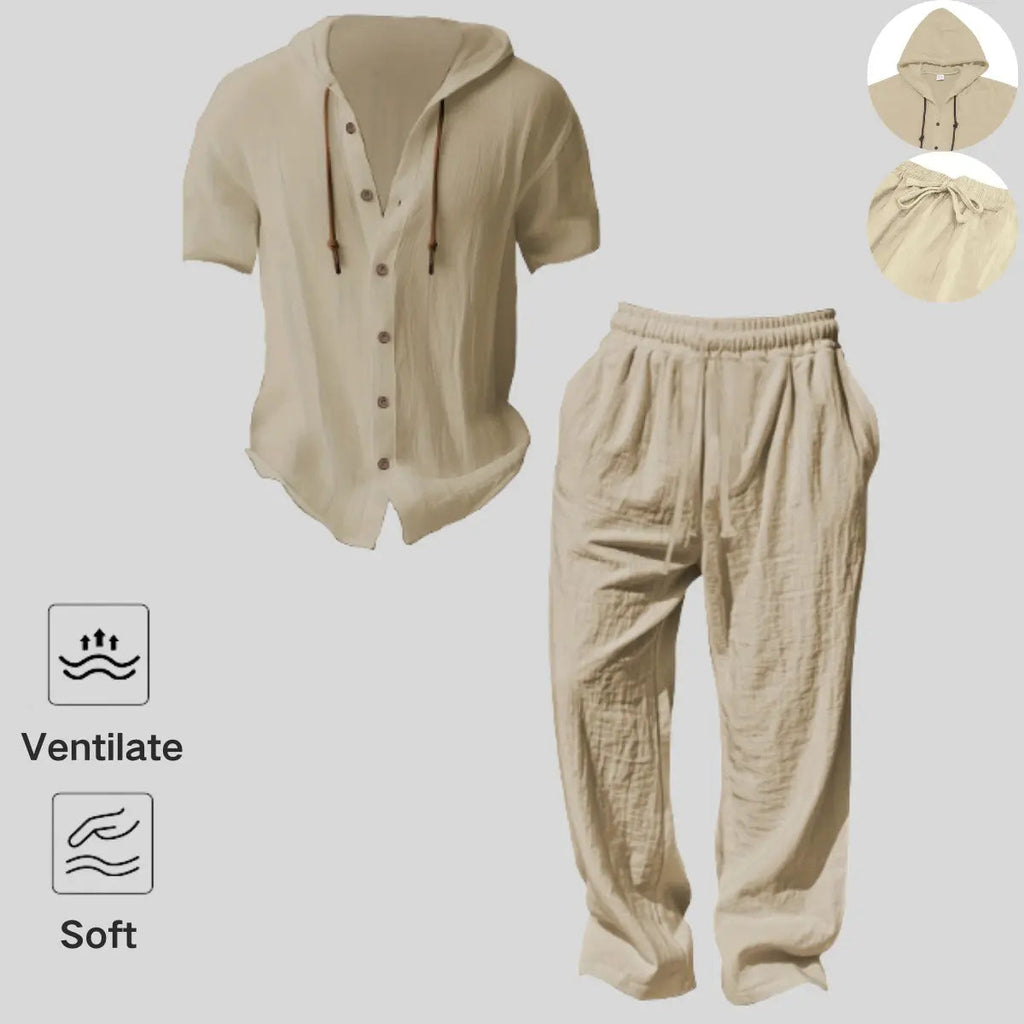 Men’s lightweight two-piece set with a hood, casual vacation style, loose and breathable thin fabric, hooded sweatshirt and wide-leg pants, for summer wear