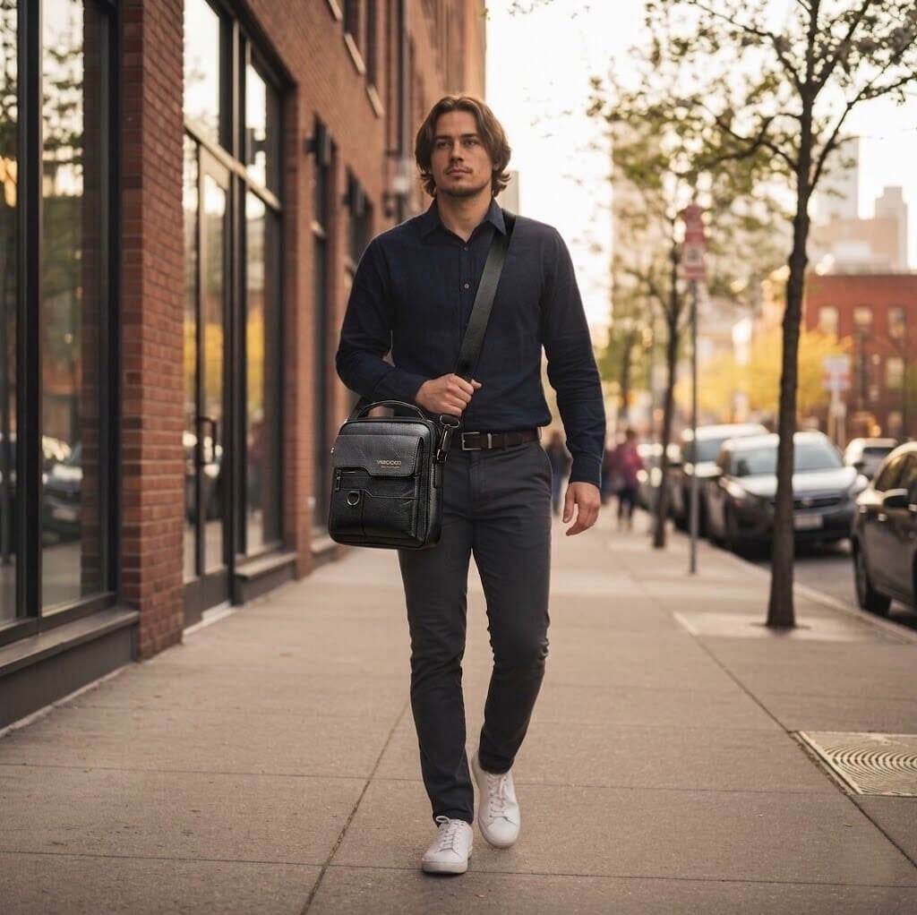 WEIXIER Men's PU Leather Crossbody/Shoulder Bag — Vintage street style, high-capacity bag for commuting and travel, featuring an adjustable strap; suitable for carrying work essentials and makes an ideal gift for men or fathers.